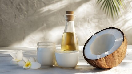 Organic coconut products, oil, milk, and flesh, 3D illustration