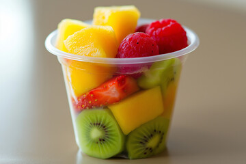 Fresh fruit salad in a plastic cup, healthy snack with strawberries, kiwi, mango, and raspberries, vibrant colors, refreshing and nutritious food photography, summer treat, and healthy eating