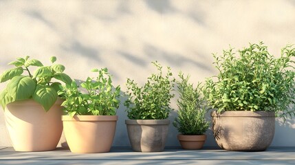 Organic herb garden, pots with fresh basil, mint, and rosemary, 3D illustration