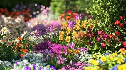 Fototapeta premium Organic flower garden, vibrant blooms in full array, 3D illustration
