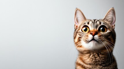 Close-up of an alert tabby cat with expressive eyes looking up against a plain background. Perfect for pet-related designs and projects.