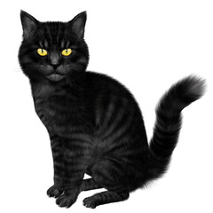 3D rendered illustration of a magical black cat with yellow eyes isolated on transparent background. 