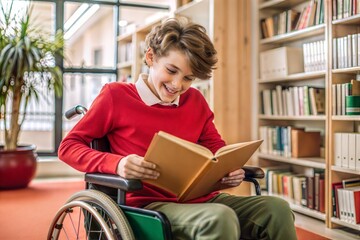 Young boy reading in wheelchair in library