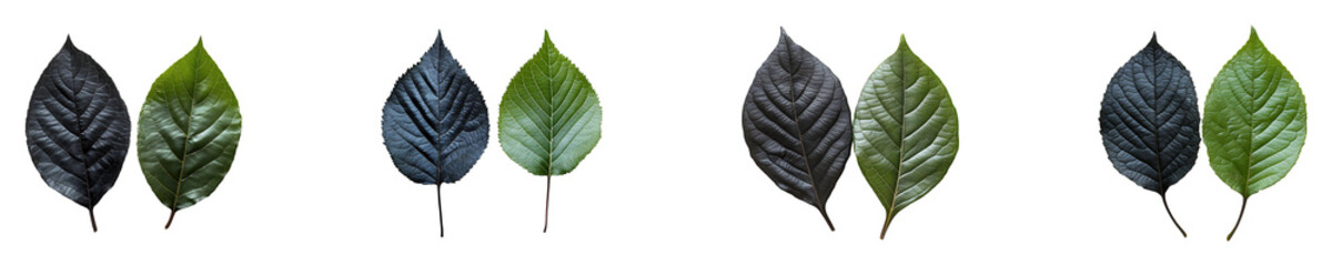 Obraz premium Set, collection of a black leaf paired with a green leaf isolated on transparent background.