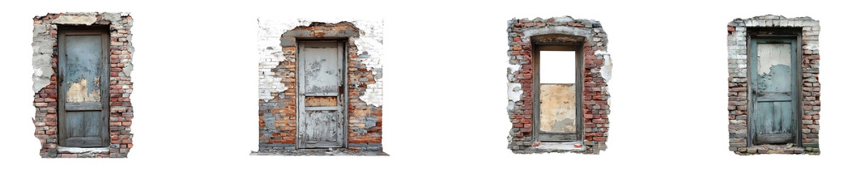 Naklejka premium Set, collection of a blank doorway in a decaying grungy brick wall isolated on transparent background.