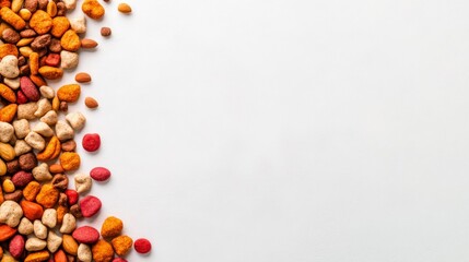 Colorful assorted nuts and seeds on a white background with copy space, perfect for health and nutrition concepts.