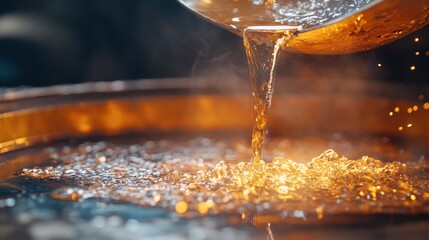 A thin stream of liquid metal cascades gracefully from a container, pouring into a glimmering surface, reflecting warm tones and highlighting the artistry of metalworking