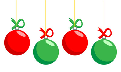 Green and Red Christmas baubles on a string with a ribbon isolated on a transparent background