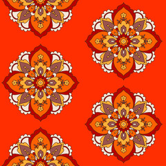 Indian Floral Seamless Vector Pattern, Vintage Oriental Motif for Chintz Fabric or Batik Indonesia Sarong, Arabesque Design for Textile, Print, Wallpaper