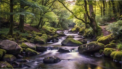 Obraz premium A serene forest stream flows over rocks, surrounded by lush trees, creating a tranquil natural scene