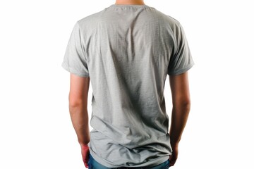 Fototapeta premium Man wearing plain gray t shirt back view on white background