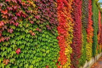 covered, ivy, background, green, A long shot of a wall entirely covered with green and red ivy in the background