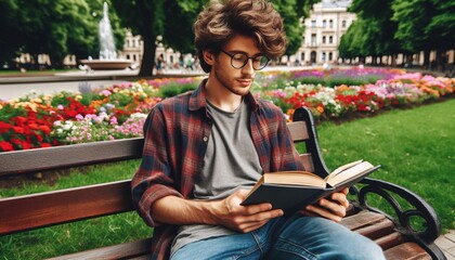 A young man is reading a book while sitting on a park bench among flowers