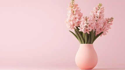 Fototapeta premium Beautiful pink hyacinths in a pastel pink vase against a matching soft background,A simple yet elegant arrangement of pink hyacinth flowers in a pastel pink vase set against a soft matching background