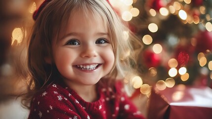 A little girl near the Christmas tree is happy for the holiday