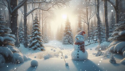 Fototapeta premium A snowman in the forest during a snowfall on Christmas Eve