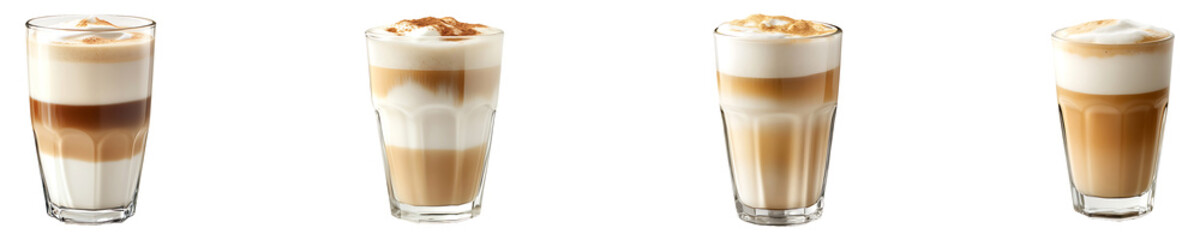Set, collection of a glass of coffee with milk and foam isolated on transparent background.