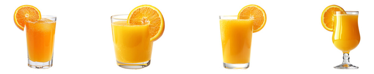 Set, collection of a glass of orange juice garnished with an orange isolated on transparent background.