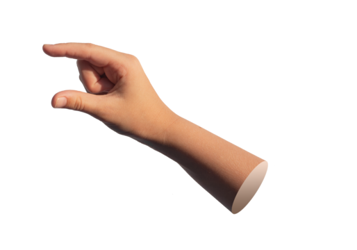 A hand using two fingers to hold and measure an invisible object isolated on a white background.