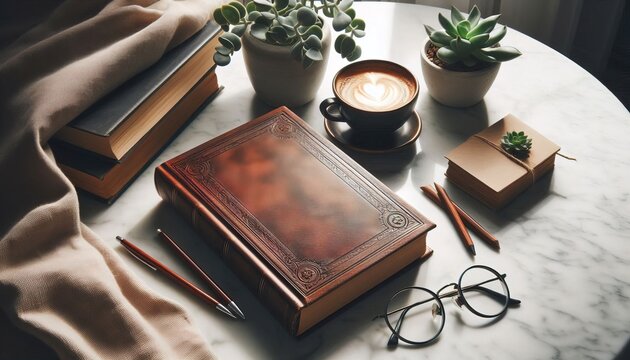 A desk with books, glasses, pens, a cup of coffee and indoor plants
