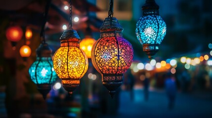 Sharm El Sheikh, Egypt - November 20, 2021: Multicolored traditional muslim lamps glowing at night at the market in the Soho Moll. Ramadan background. 