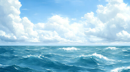 Bright blue ocean waves under a sky filled with fluffy white clouds during a sunny day by the seaside