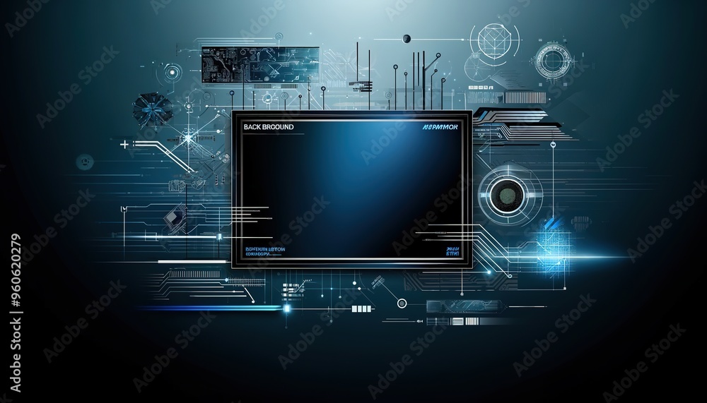 Fototapete futuristic computer interface with a central dark screen surrounded by various graphic elements: cha