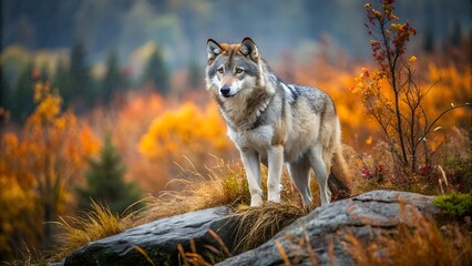 Fototapeta premium A wolf on a stone rock in autumn on the background of a forest