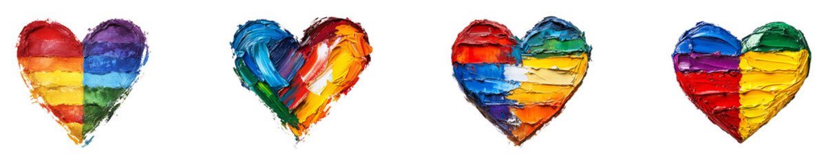 Obraz premium Set, collection of a heart shape painted with pride flag rainbow colors isolated on transparent background.