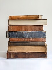 A stack of old worn books on a white background