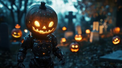Spooky Halloween Scene Featuring Robot with Glowing Jack-o'-Lantern Head in Eerie Cemetery Setting
