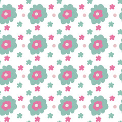Seamless pattern of simple flowers and plant elements. Vector illustration in cartoon style.