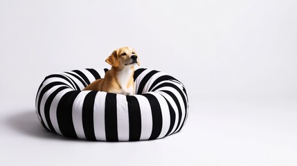 Cute puppy sitting in a black and white striped pet bed against a plain white background. Adorable dog enjoying comfort indoors.