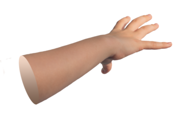 Reaching, catching, stretching to something, POV. Hand sign isolated on white background.