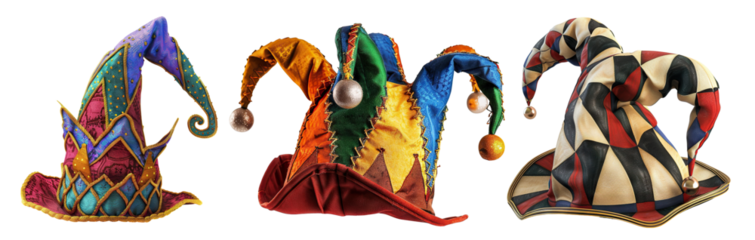 Set of vibrant jester hats in various colors, cut out