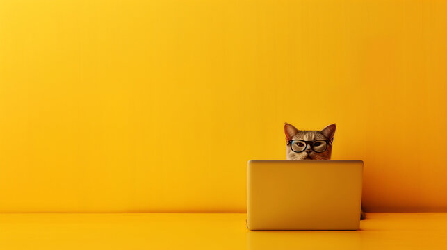 tabby cat with laptop on yellow background, sitting behind a computer, serious cat working as IT, social media manager, cat looking for best food prices, deals