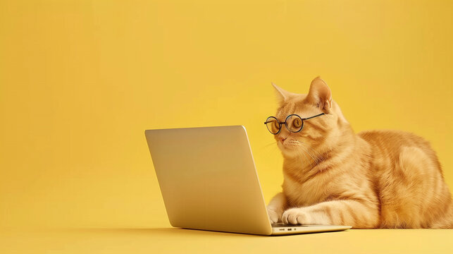 orange cat with glasses looking at laptop on yellow background, sitting behind a computer, serious cat working as IT, social media manager, cat looking for best food prices, deals