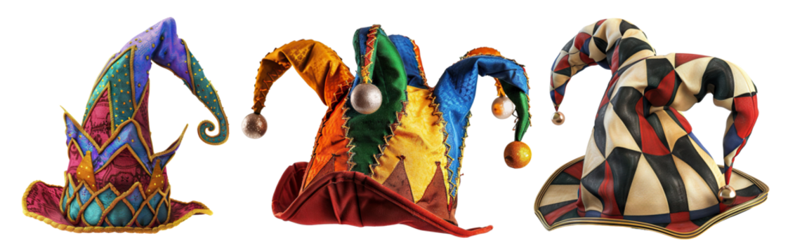 Set of vibrant jester hats in various colors, cut out