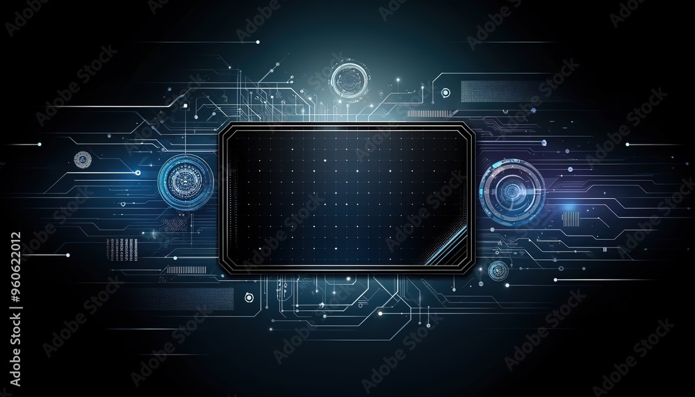 Fototapete futuristic computer interface with a central dark screen surrounded by various graphic elements: cha