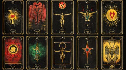 Obraz premium Set of illustrated tarot cards with intricate designs and symbols on black background