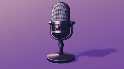 A professional microphone, perfect for podcasting, sits on a purple background. It's a condenser microphone, designed for recording clear audio for online podcasts.