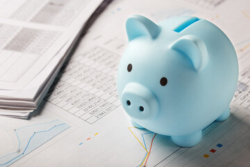 Moneybox for money on the background of documents and financial charts. Investment and capital accumulation concept