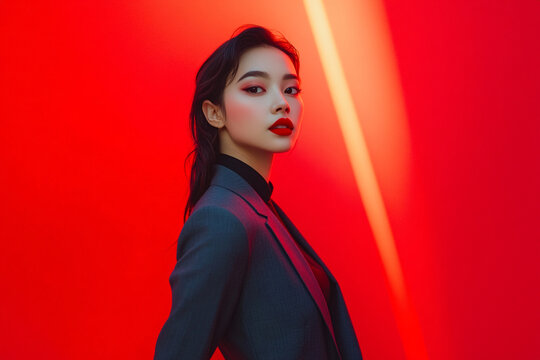 Fashionable Dark Gray Suit with Solid Neon Red Contemporary Womans Lifestyle Portrait Background