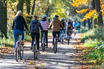 Obraz premium Friends enjoying a fun cycling adventure through the lush forest trails together