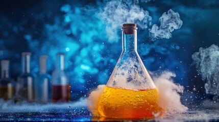 A volatile chemical mixture creates a vivid display as colorful bubbles rise and vapor escapes from the flask, highlighting the excitement of experimentation