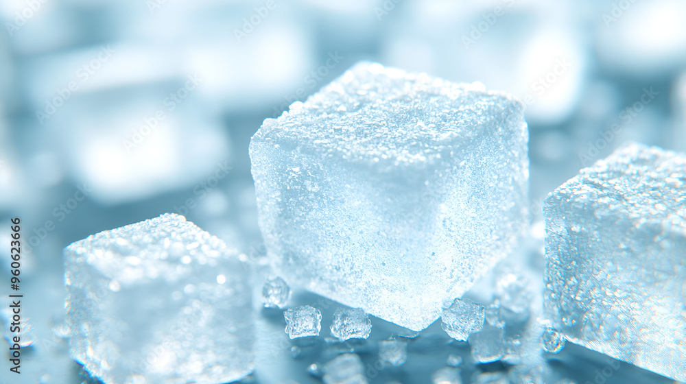 Poster close-up view of shimmering ice cubes scattered on a light surface during a bright day, capturing th