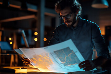 Analyzing data trends late at night in a modern workspace filled with soft ambient lighting