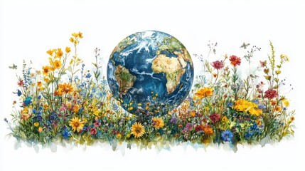 Biodiversity clipart with a globe and various species on a white background