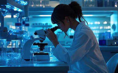 Female scientist working in the laboratory using microscope and computer
