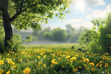 Obraz premium A high-resolution view of a spring meadow filled with yellow flowers and green leaves on a sunny day. 